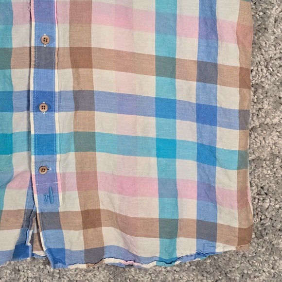 Johnnie-O Men Linen Blend Gingham Shirt Size‎ XL Short Sleeve Coastal Casual - Picture 2 of 13